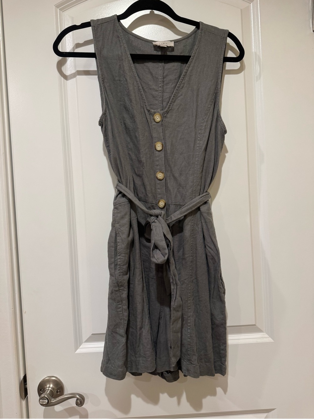 LOFT Sleeveless Grey-Green Button-Front Romper with Waist Tie